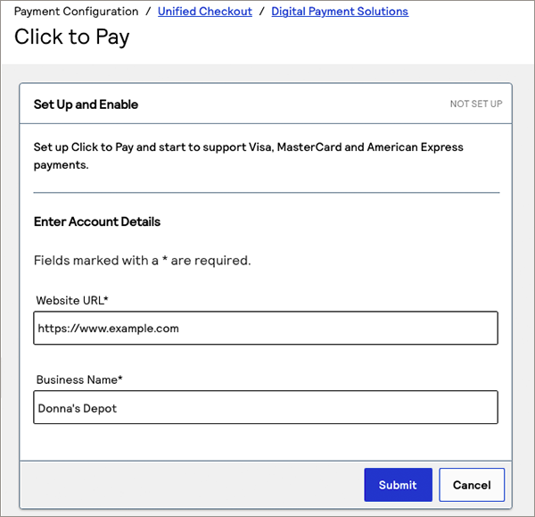 Screen capture of the Click to Pay enrollment page.